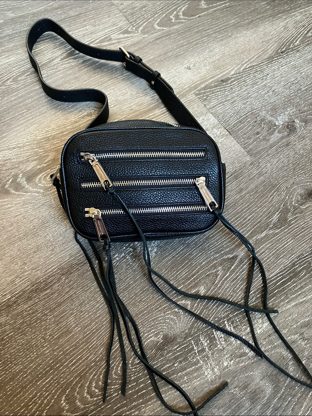 black pebbled leather Rebecca Minkoff 3-Zip Belt Bag
